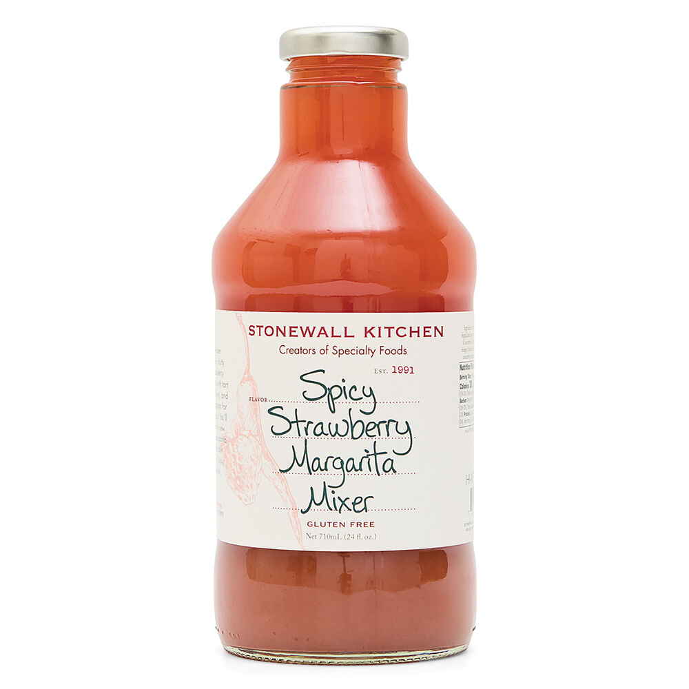 24 oz clear glass bottle of Spicy Strawberry Margarita Mixer, white label, silver cap, gluten free.