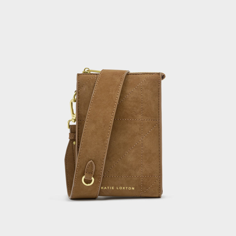 AVERY SLIM CROSSBODY BAG | Caramel Quilted Suedette| 7" x 4 3/4" x 1 15/16"