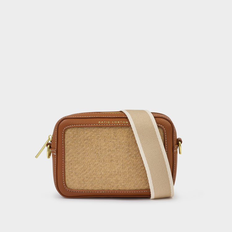 AVERY RAFFIA SMALL CROSSBODY BAG | Natural Raffia / Cognac | 4 15/16"x 7 5/16" x 1 15/16"