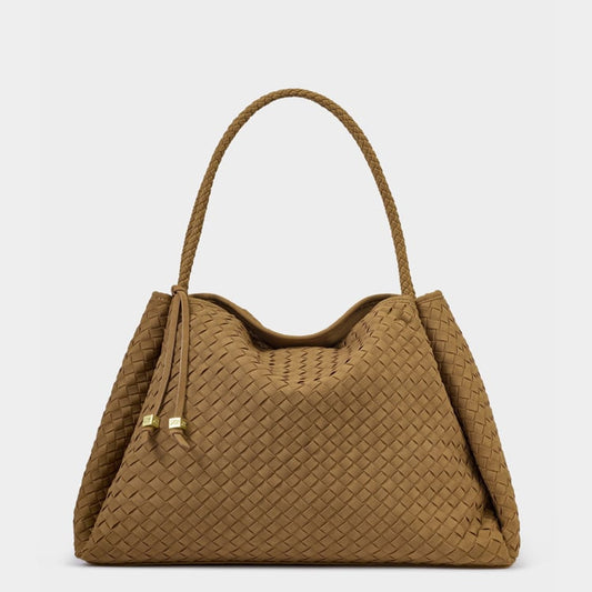 NOVA HAND WOVEN LARGE SHOULDER BAG | Light Caramel Suedette | 11" x 15 3/4" x 9 1/16"