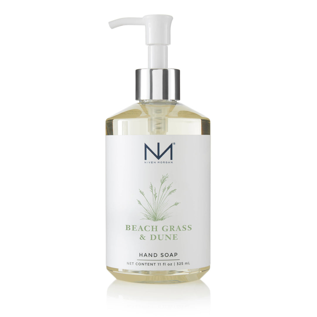 Niven Morgan Beach Grass & Dune Hand Soap, 11 fl oz, clear pump bottle with white label and silver dispenser; aloe, paraben-free.