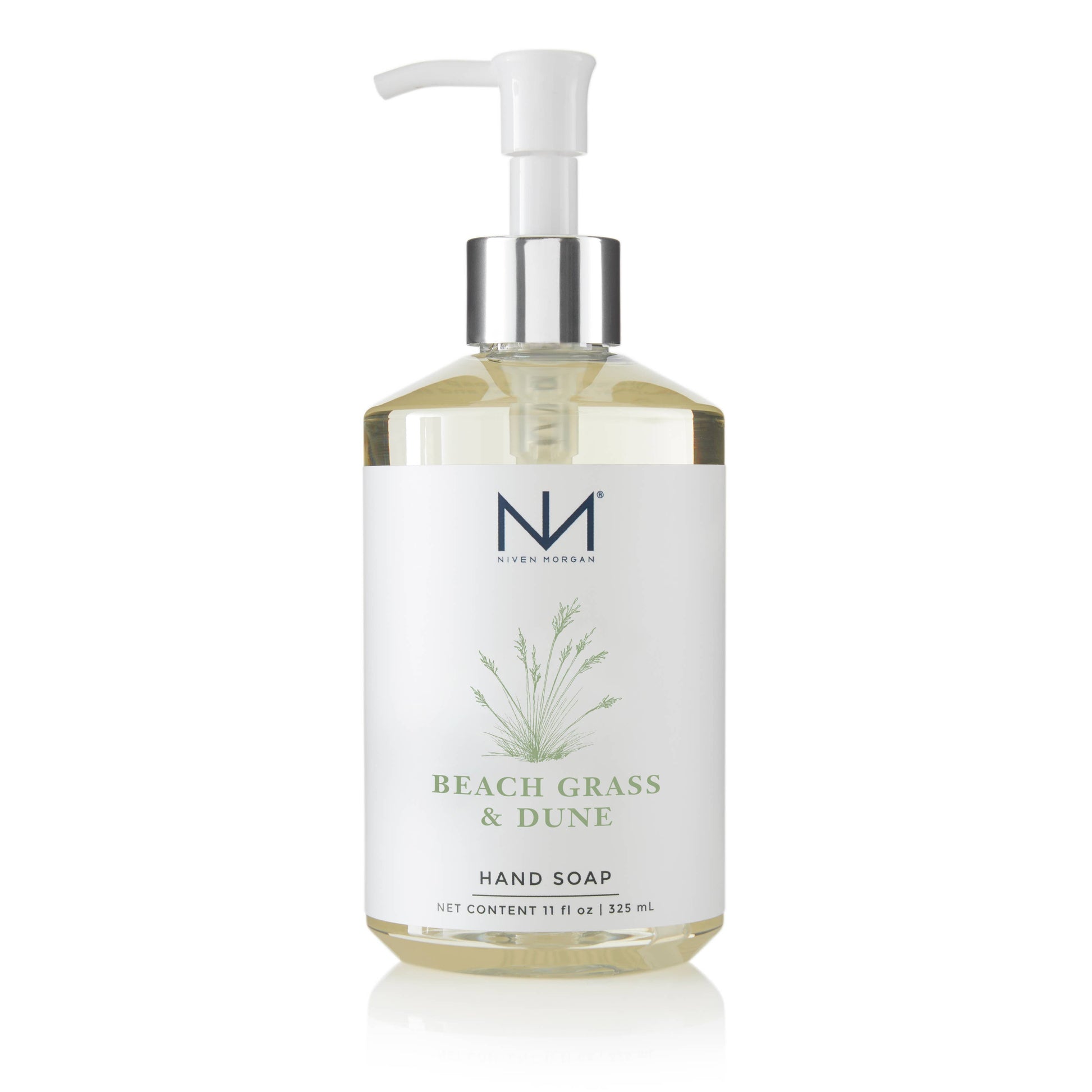 Niven Morgan Beach Grass & Dune Hand Soap, 11 fl oz, clear pump bottle with white label and silver dispenser; aloe, paraben-free.