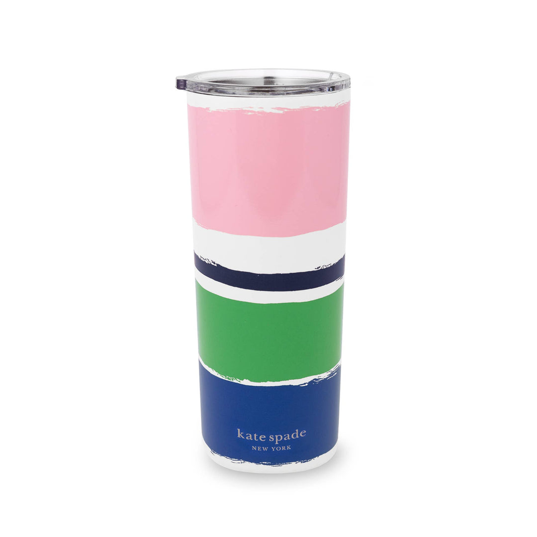 Stainless steel tumbler with pink, white, green, navy stripes, clear lid, "kate spade NEW YORK" text. Available in 16 oz.
