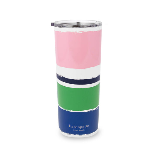 Stainless steel tumbler with pink, white, green, navy stripes, clear lid, "kate spade NEW YORK" text. Available in 16 oz.