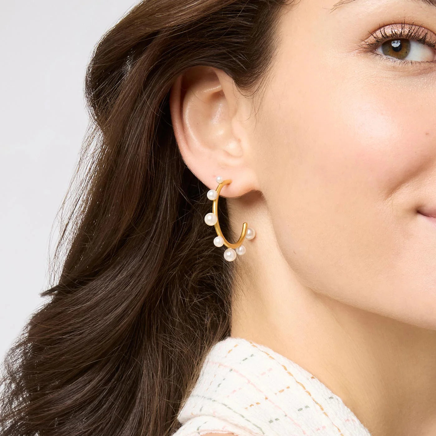 Gold hoop earrings with small pearls, Hydra Stone Hoop - Pearl by Julie Vos, shown in Medium size; also available in other sizes.