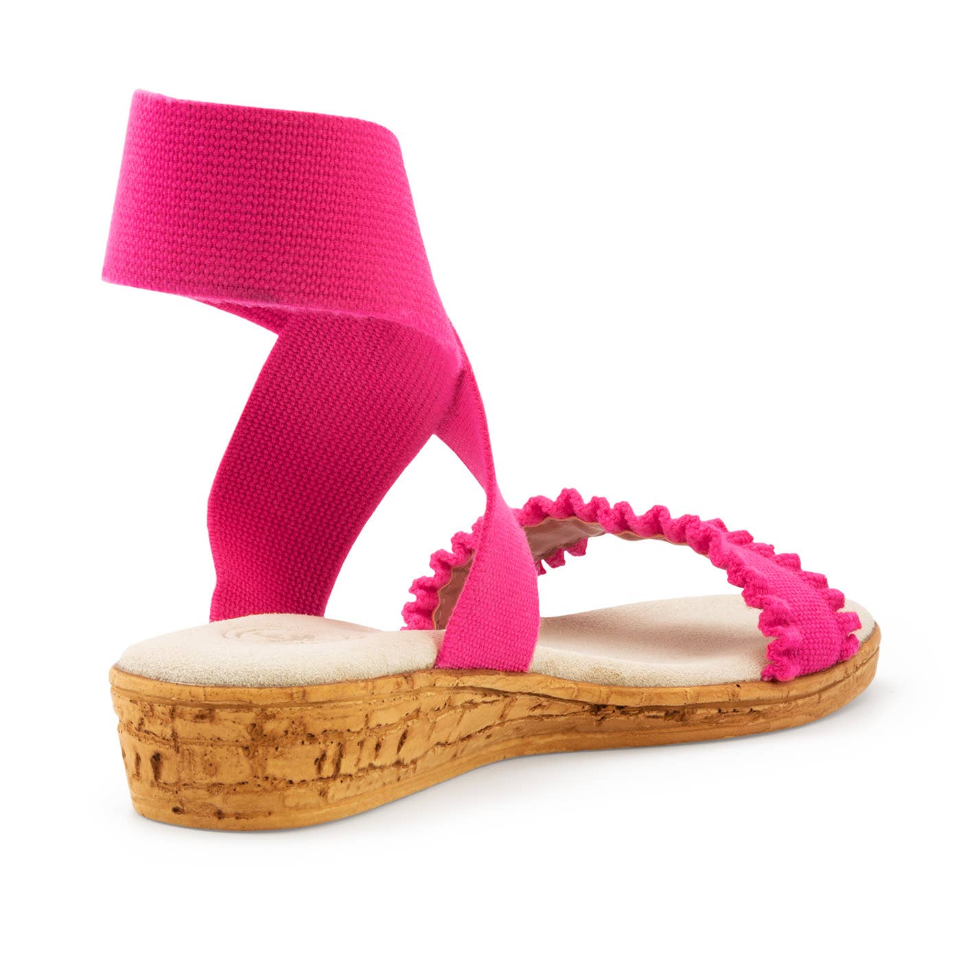 Benjamin Hibiscus Pink Ruffle Wrap-up Ankle Strap Sandals: cork wedge, beige footbed, pink ruffled straps. Sizes 5-11.
