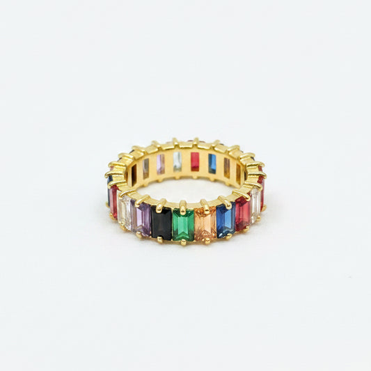 Myeres Multicolor Crystal Ring in gold-tone with upright rectangular vibrant gemstones encircling the band. Available in sizes 6, 7, and 8.