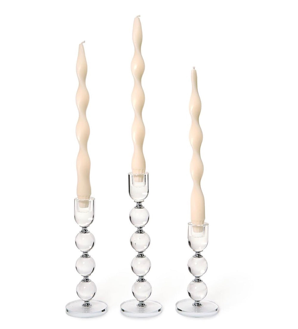 Bobbin Crystal Taper Candlesticks with spherical bases. Available in small (4"), medium (6"), and large (8") sizes.