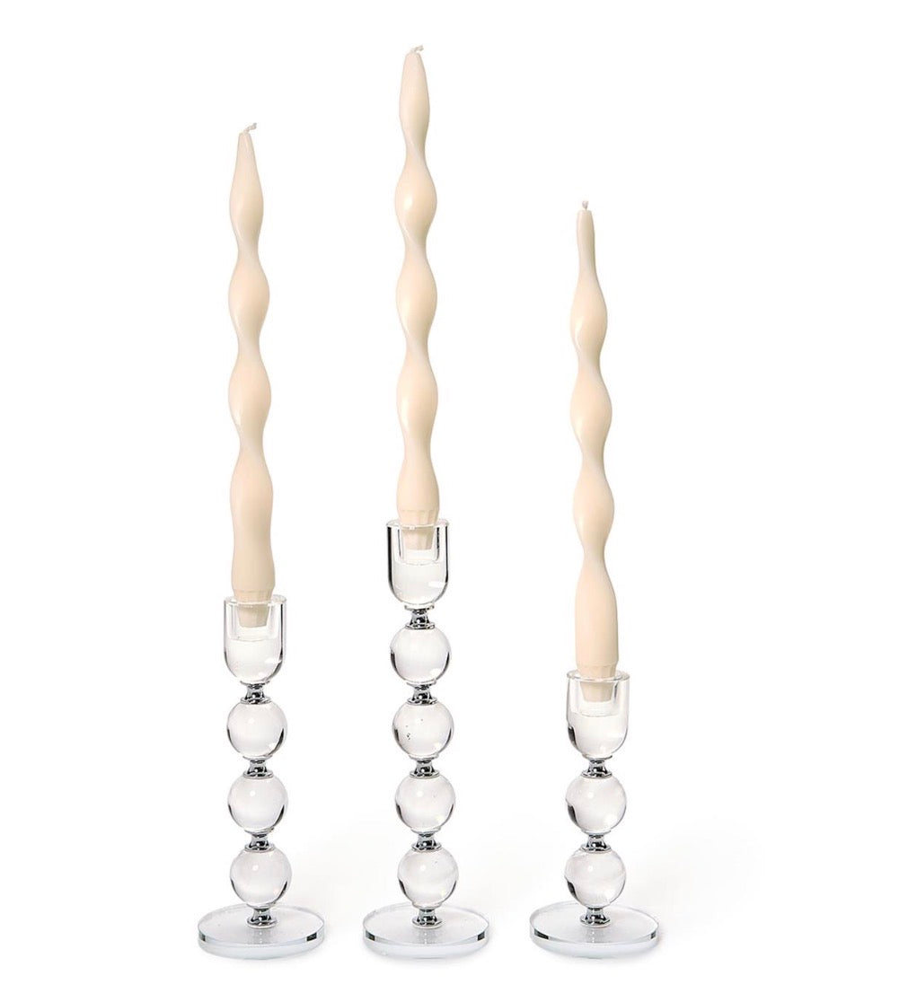 Bobbin Crystal Taper Candlesticks with spherical bases. Available in small (4"), medium (6"), and large (8") sizes.