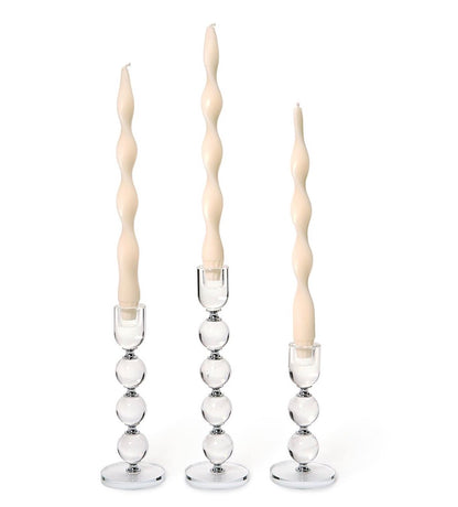 Bobbin Crystal Taper Candlesticks with spherical bases. Available in small (4"), medium (6"), and large (8") sizes.