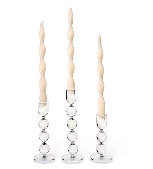 Bobbin Crystal Taper Candlesticks with spherical bases. Available in small (4"), medium (6"), and large (8") sizes.