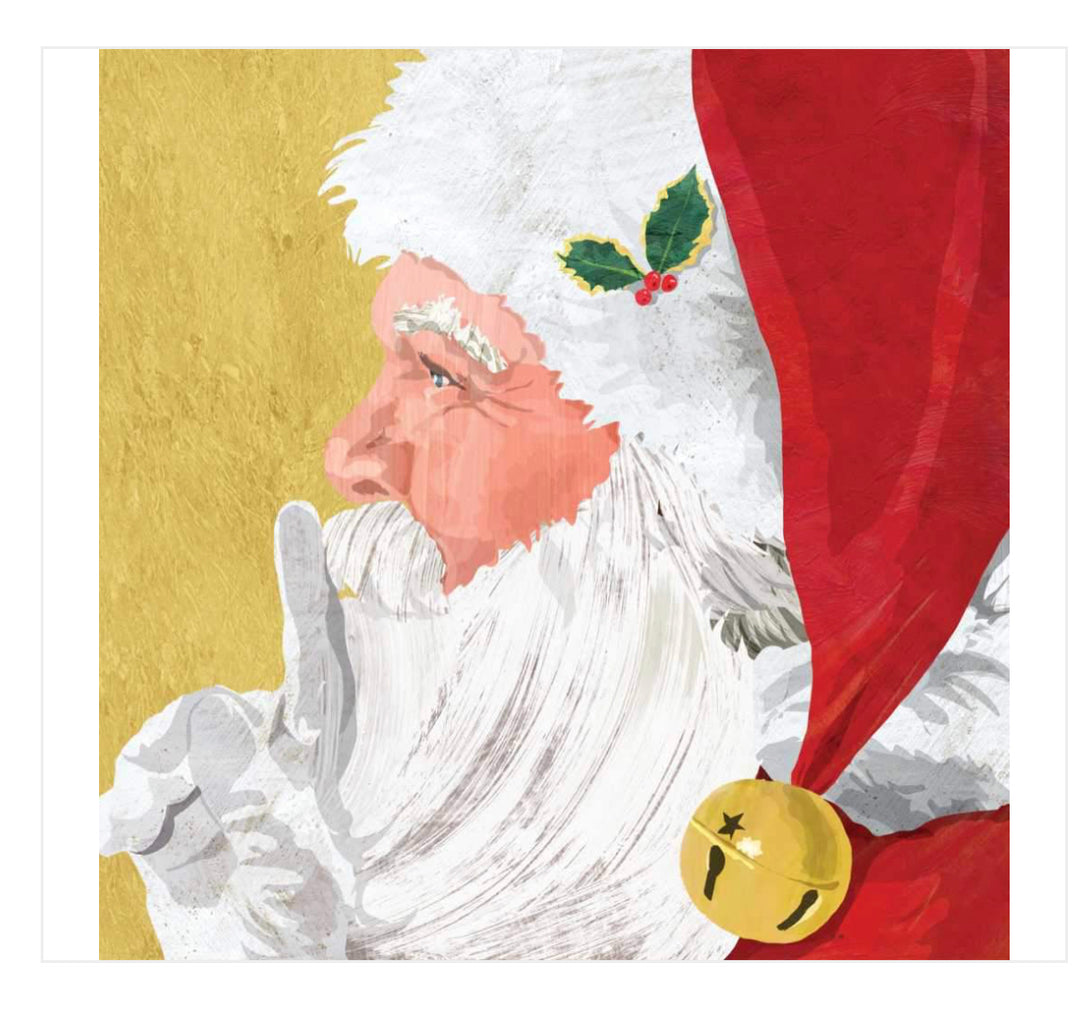 Holiday Napkins featuring a Santa Claus illustration with a finger to his lips. Available in various sizes.