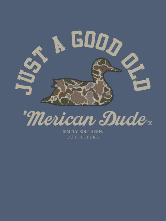 Just A Good Ole American Dude Shirt with camo duck graphic and text. Sizes: S-XXL.