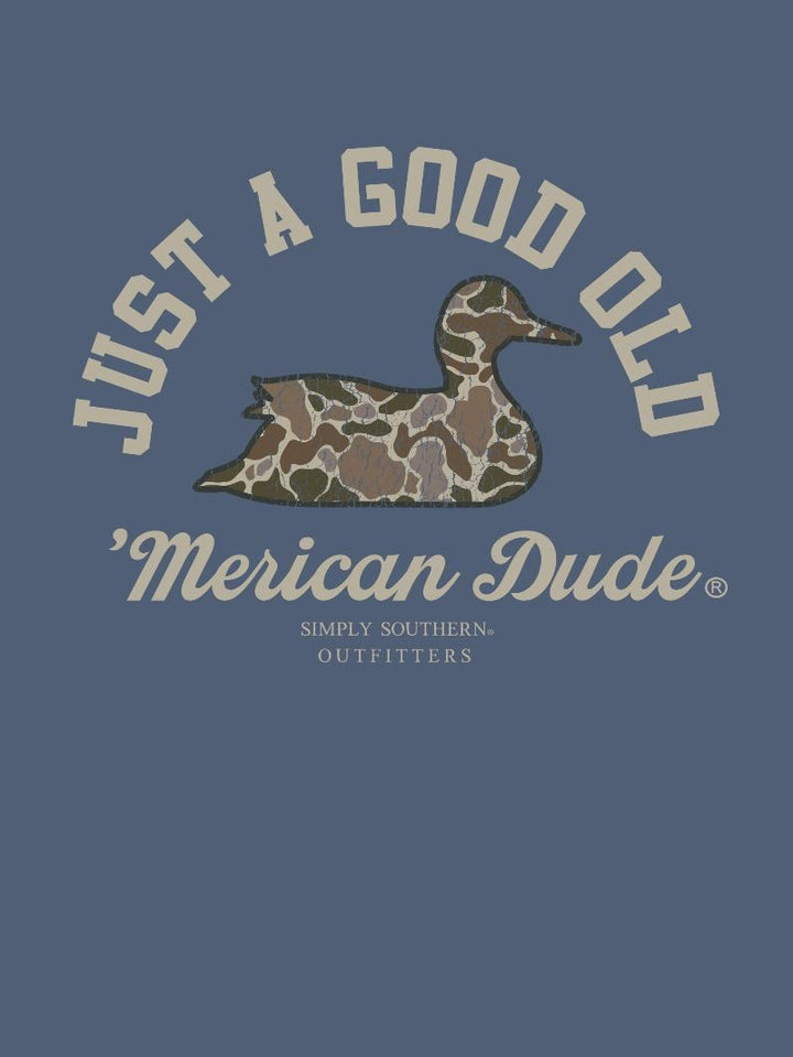 Just A Good Ole American Dude Shirt with camo duck graphic and text. Sizes: S-XXL.