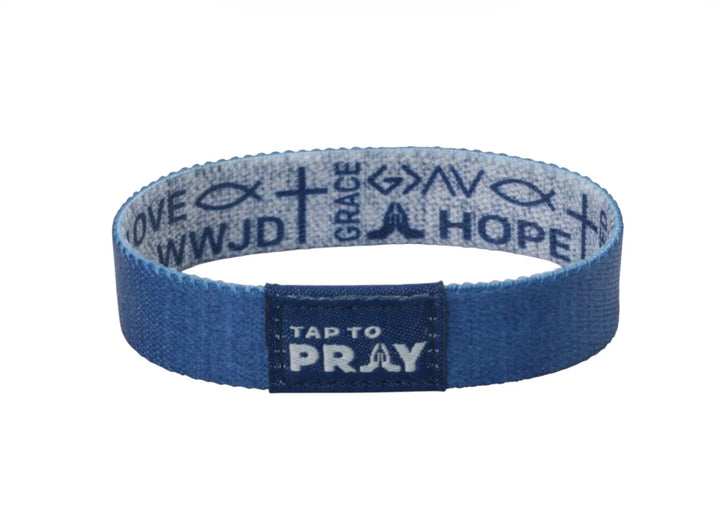 Blue elastic Tap To Pray™ Wristbands featuring a centered patch and interior patterns of crosses, fish symbols, and the words “LOVE,” “WWJD,” “GRACE,” and “HOPE.”