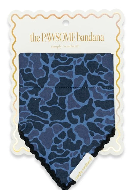 Blue Camo Pet Bandana by Simply Southern, blue and black animal print for dogs. Available in multiple sizes. Comes with white and yellow backing card.