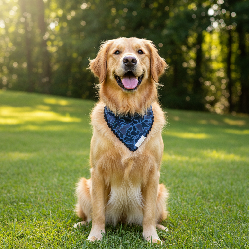 Blue Camo Pet Bandana shown; available in S, M, and L sizes.
