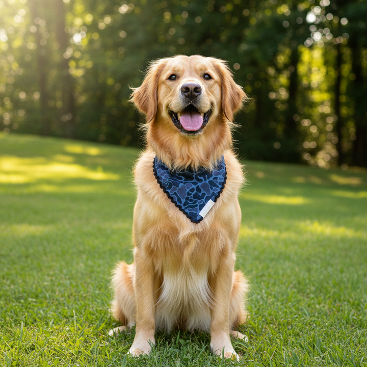 Blue Camo Pet Bandana shown; available in S, M, and L sizes.