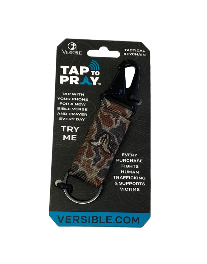Camouflage Tap To Pray keychain with a black metal clip.
