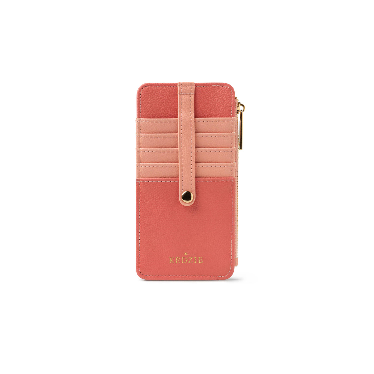 Two-tone pink vegan leather wallet with multiple card slots, secure strap and gold button closure, side zippered cash pocket, gold “KEDZIE” embossing on front, and cheetah print lining. Sizes available: not specified.