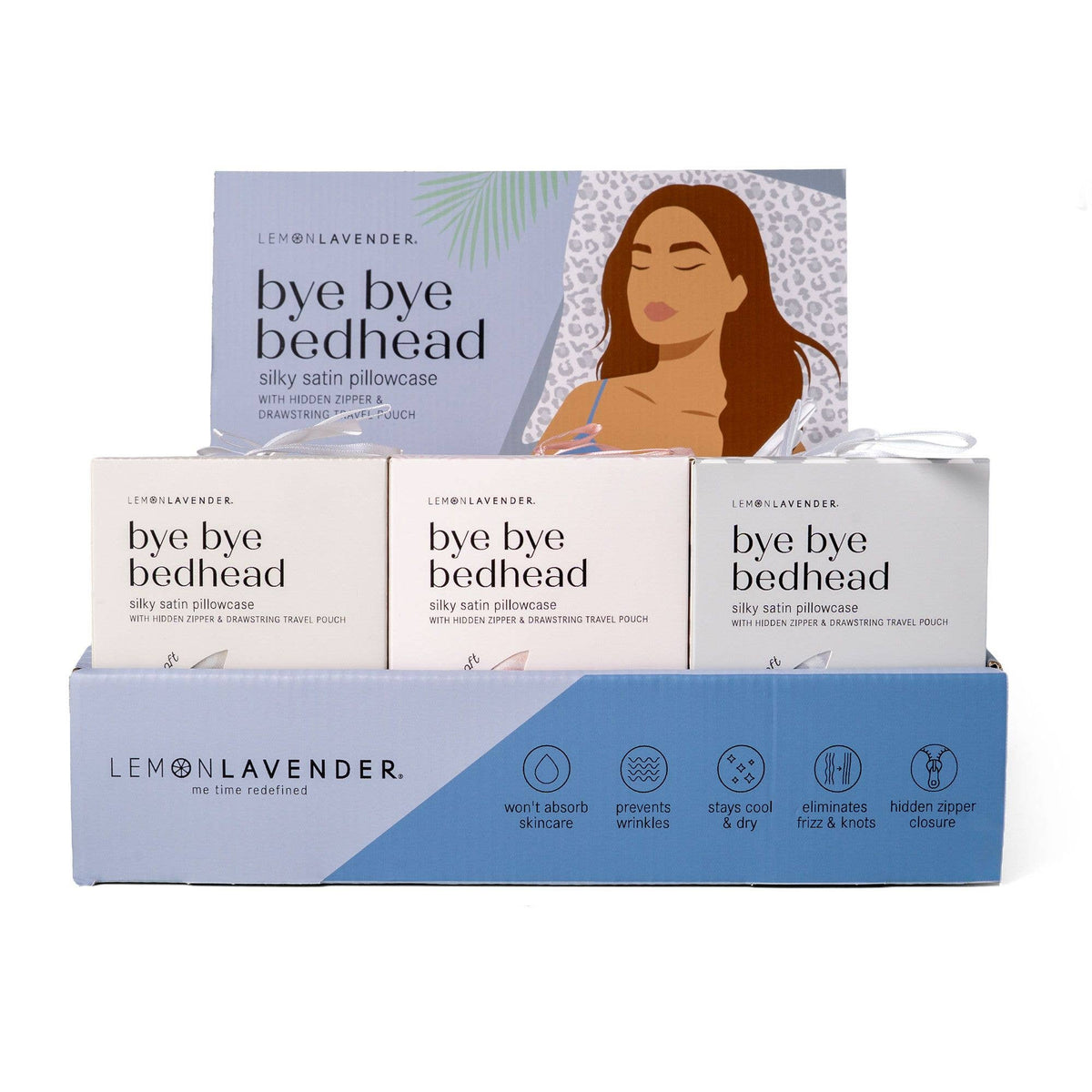 Lemon Lavender Silky Pillowcase Pattern Assort display box featuring silky pillowcases with hidden zipper closure. Designed to stay cool, reduce frizz, and not absorb skincare. Available in standard and travel sizes.