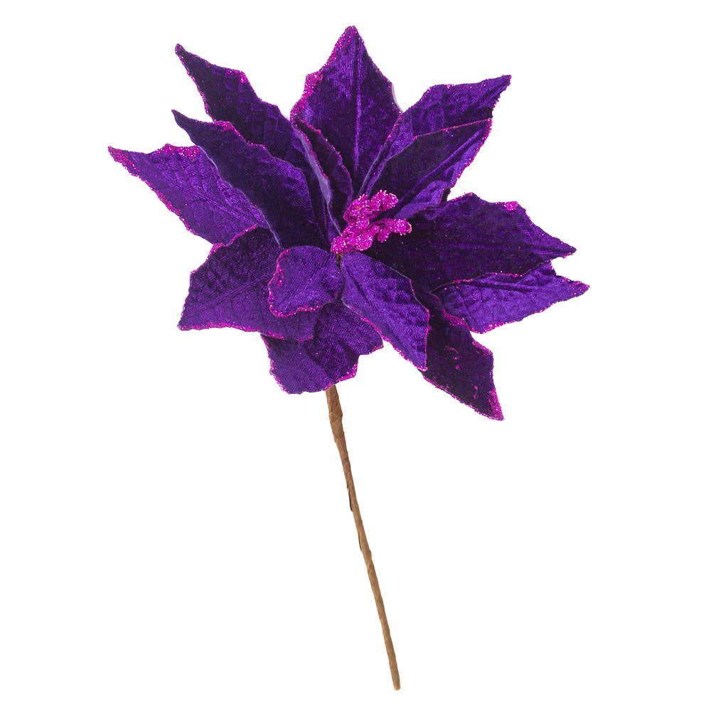 Artificial burgundy velveteen poinsettia with glittered petals and brown stem; available in 18″ and 24″ sizes.