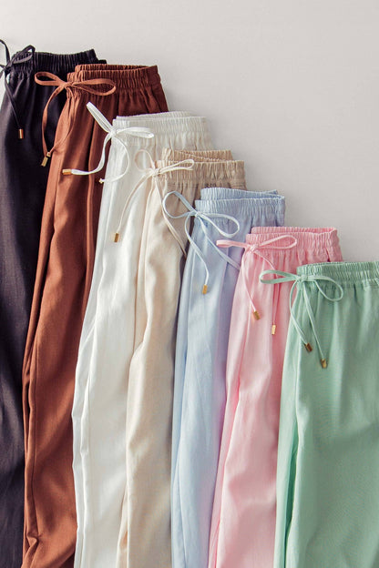 Mint Jelly Linen Blend Wide Leg Drawstring Pants in 8 colors; sizes XS-XL.