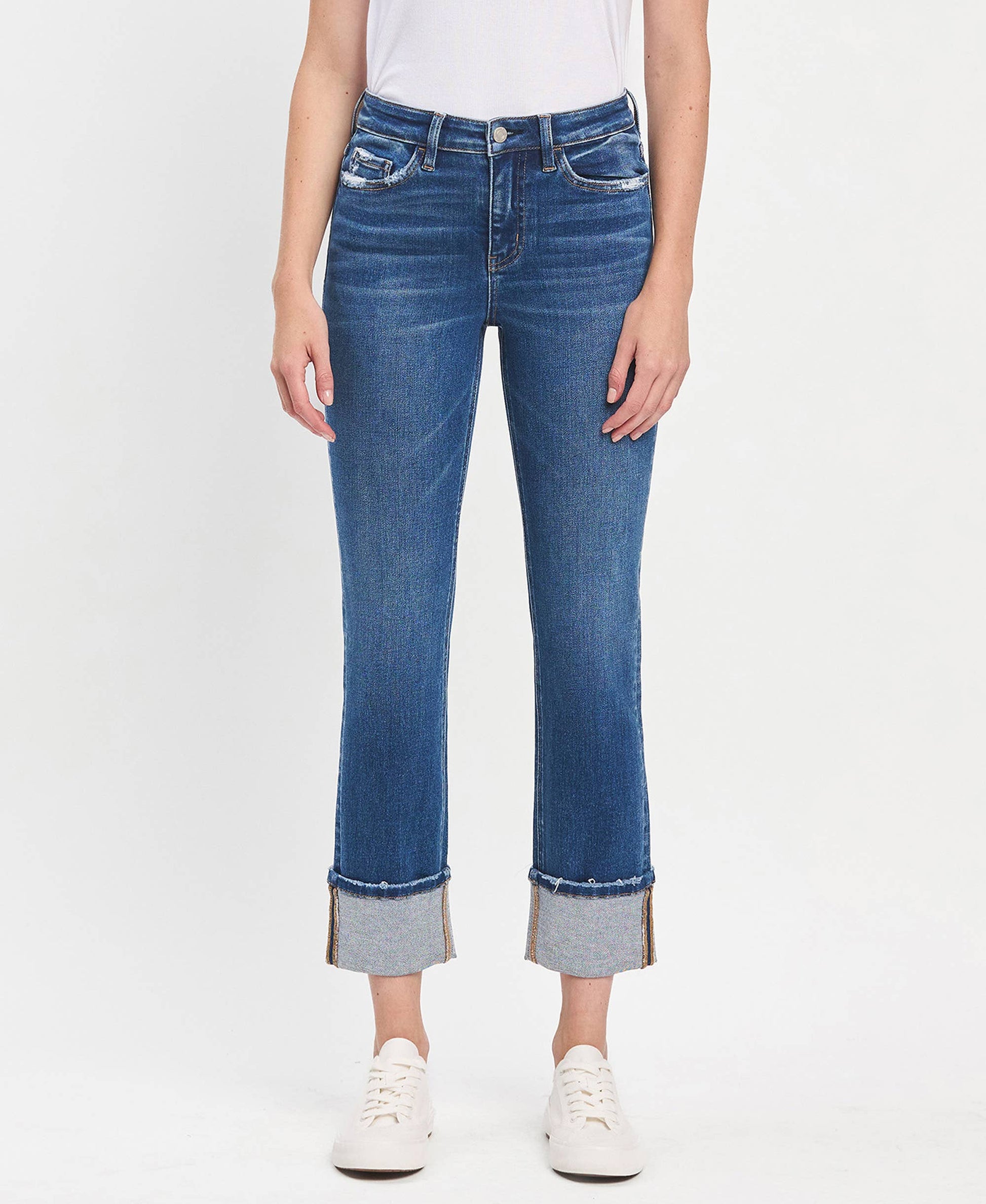 High Rise Cuffed Slim Straight Blue Jeans in blue, available in sizes 24-32.