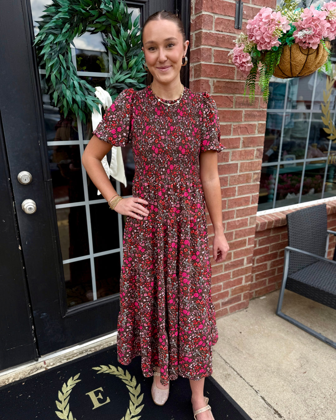 Lucille Granada Glen Cocoa Dress: cocoa brown maxi floral dress with smocked bodice. Available in sizes XS-XL.