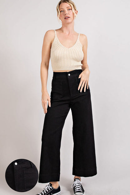 Soft Washed Wide Leg Pants in black plus size, high-waisted with waistband and button detail; available in sizes 1X–4X.
