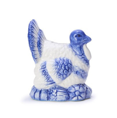 Blue and white hand-painted ceramic turkey candleholders with blue floral patterns; available in small, medium, and large sizes.