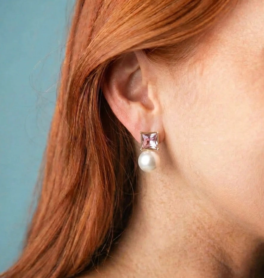 Pink Gem Stud Pearl Earrings featuring a pink gemstone above a white pearl. Available in small, medium, and large sizes.
