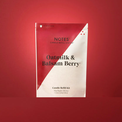 White and red "Notes Candle Refill" pouch with natural wax beads and cotton wick. Sizes available: small, medium, large.