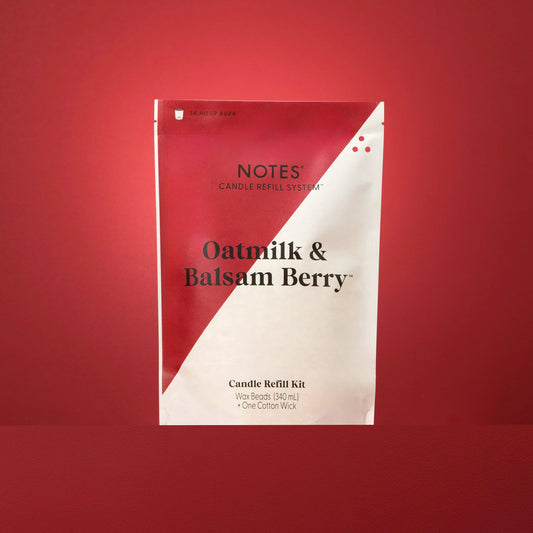 White and red "Notes Candle Refill" pouch with natural wax beads and cotton wick. Sizes available: small, medium, large.
