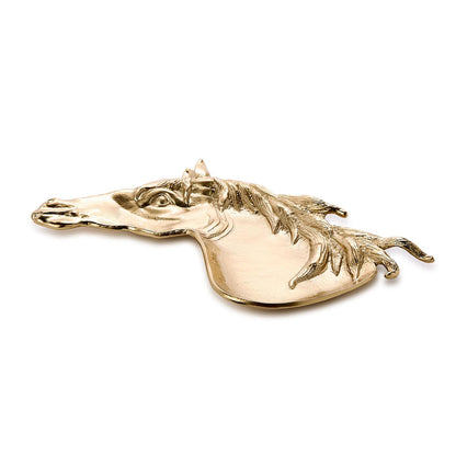 Derby Horse Desk Tray: gold-colored metal tray featuring a finely detailed horse’s head with intricate mane and facial features, finished in antiqued brass. Available sizes: small, medium, large.