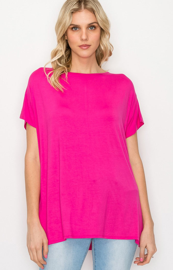 The Perfect Shirt: loose-fitting, bright pink rayon blend. Available in sizes XS-XL.