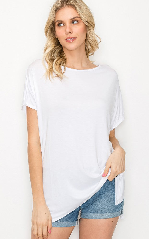 The Perfect Shirt: loose, comfortable white rayon-blend top. Available in sizes XS–XL.
