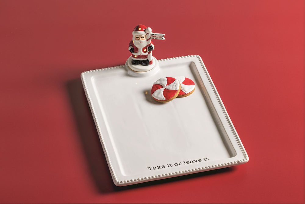 Rectangular white Santa LED Sitter serving tray with beaded edge, hand-painted Santa figure, and “Take it or leave it” text.