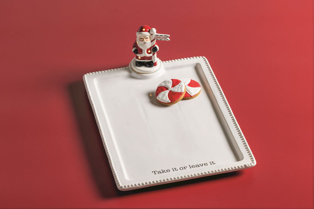 Rectangular white Santa LED Sitter serving tray with beaded edge, hand-painted Santa figure, and “Take it or leave it” text.