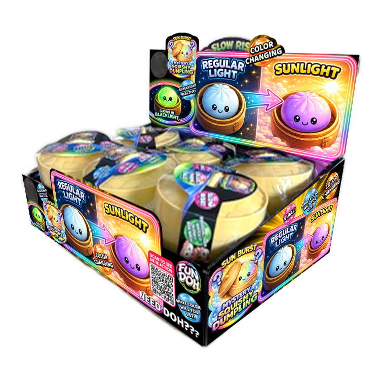Fun Doh Color Changing Dumpling Squishy Toy, 12-pack display box, each in a tub with a smiling face. Changes from blue to purple in sunlight. Available in a standard size.