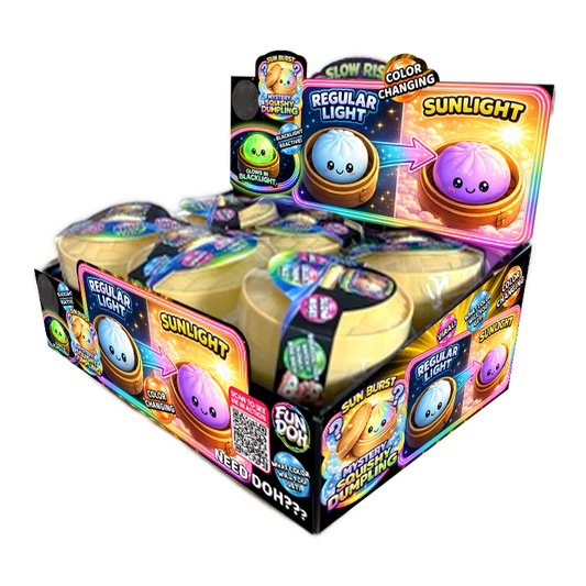 Fun Doh Color Changing Dumpling Squishy Toy, 12-pack display box, each in a tub with a smiling face. Changes from blue to purple in sunlight. Available in a standard size.