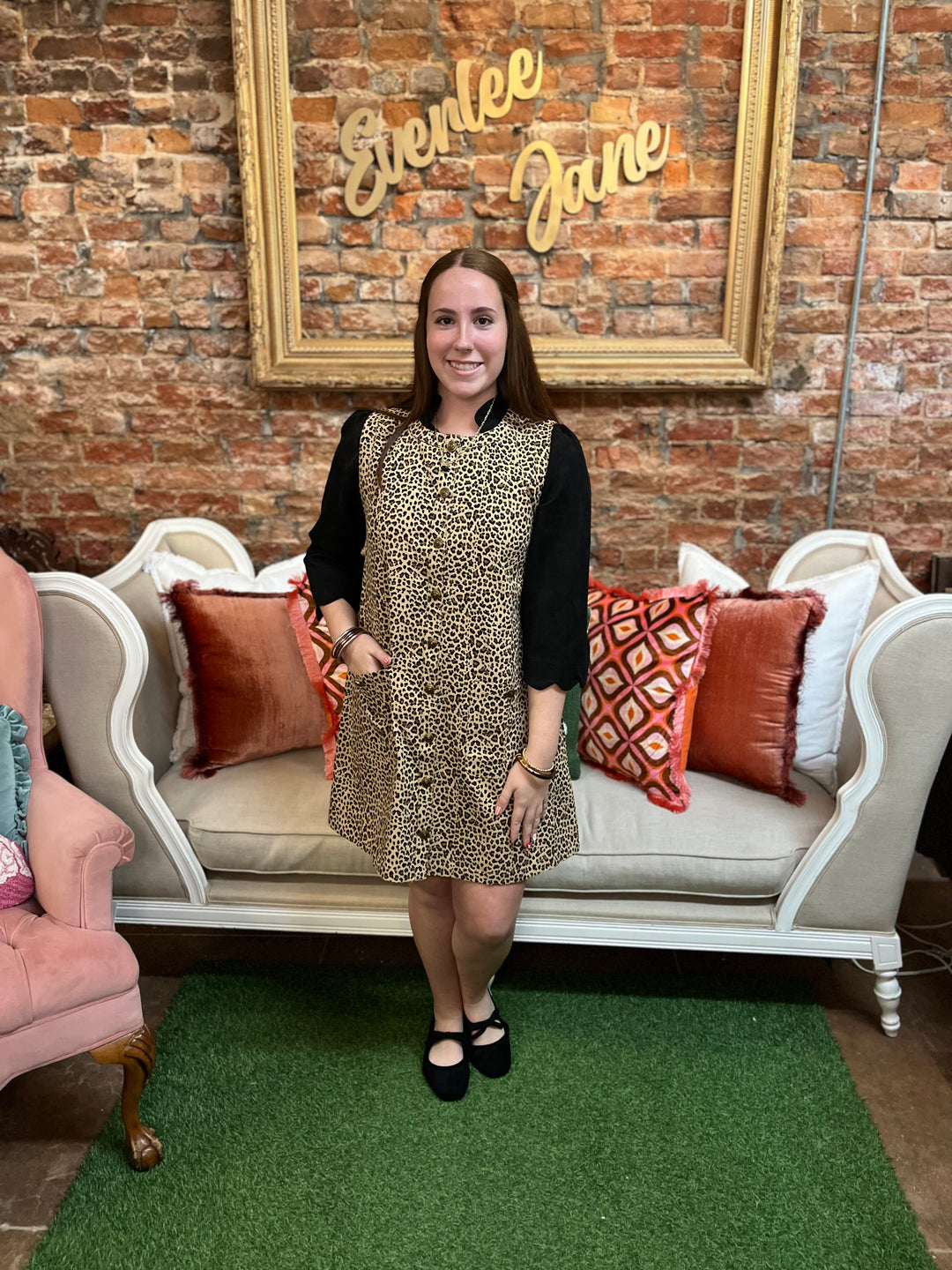 Leopard Denim Dress, mid-length sleeveless style, front button placket, patch pockets. Sizes available.