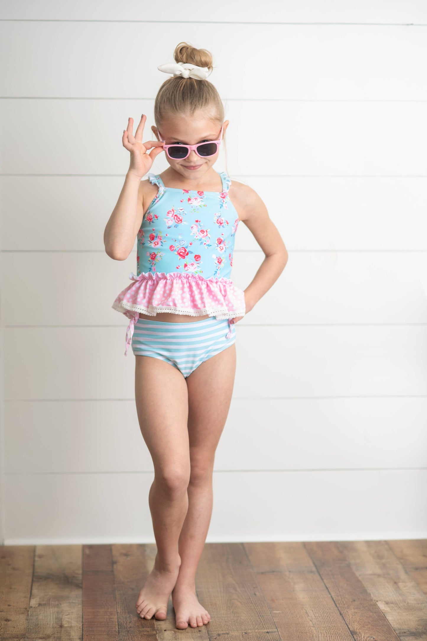 Kids Pink & Blue Ruffle Cross Back 2 Piece Swimsuit
