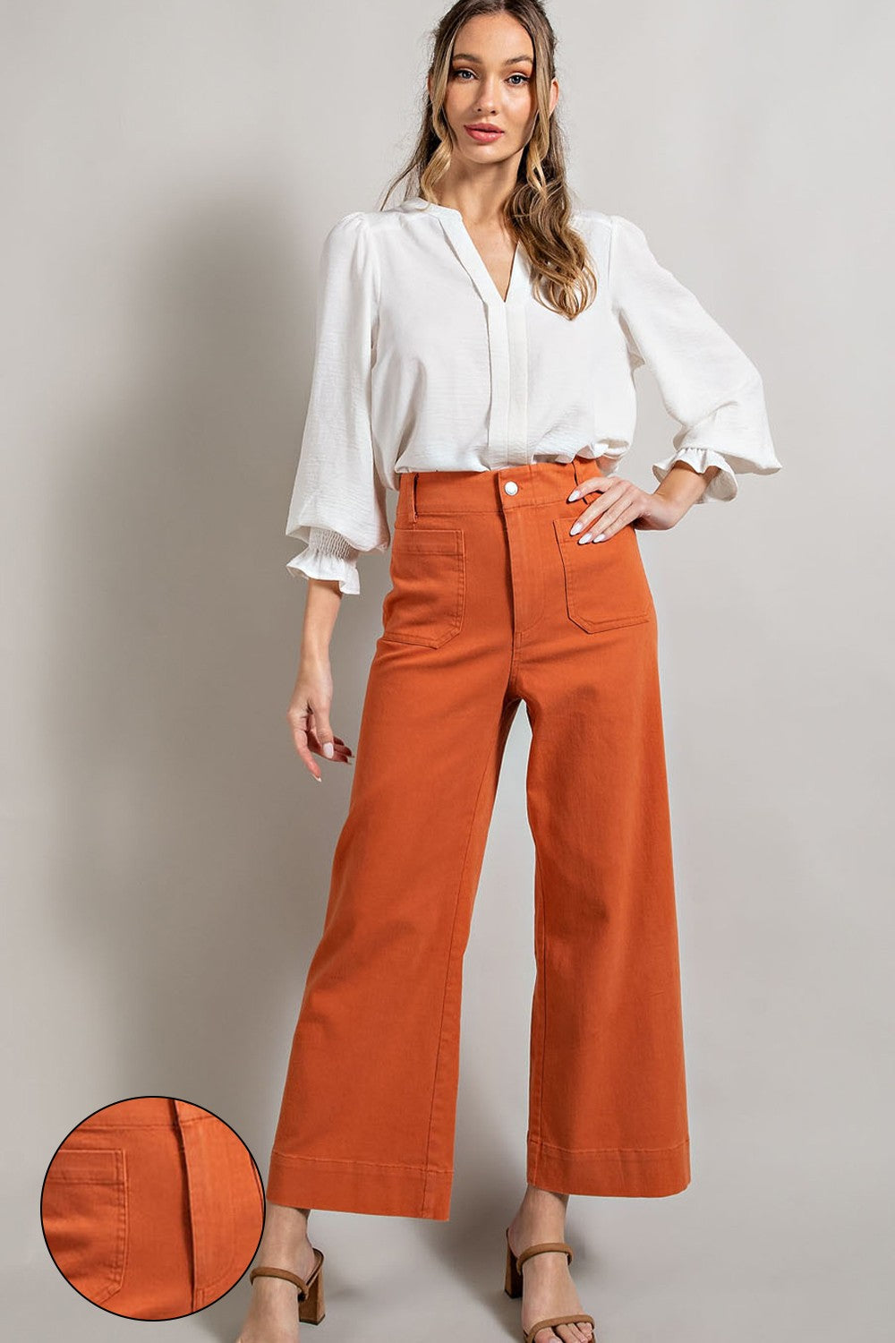 Soft Washed Wide Leg Pants in orange, high-waisted plus size fit, visible stitching. Available in 1X–4X.