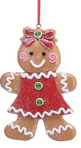 Clay Dough Gingerbread Girl Ornament in red dress with white icing, green buttons, and red bow.