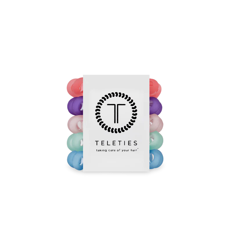 Set of five vibrant TELETIES Hair Ties, available in small, medium, and large sizes, with logo and slogan on white card.