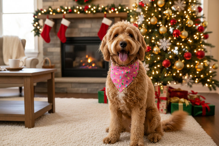 Pink Light It Up dog bandana with colorful Christmas light bulbs on pink fabric. Available in multiple sizes.