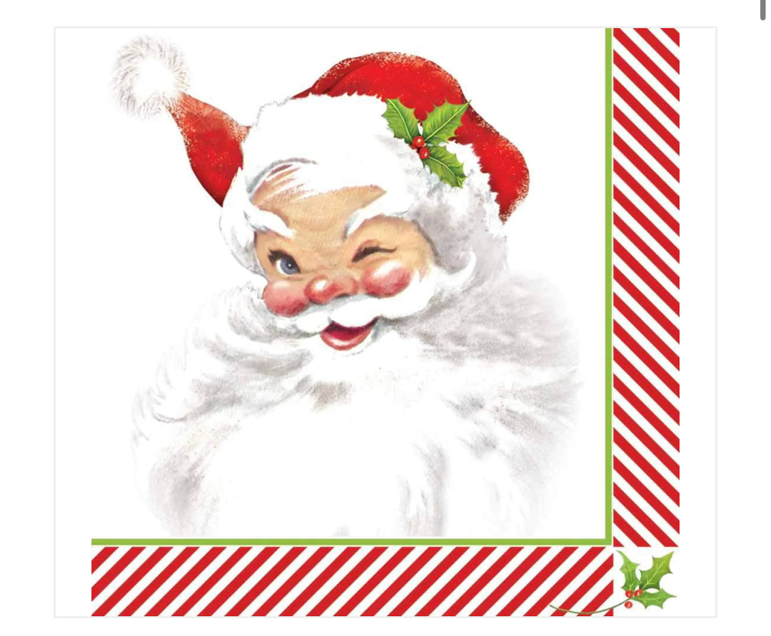 Square, 3-ply Santa Claus napkins with striped border.