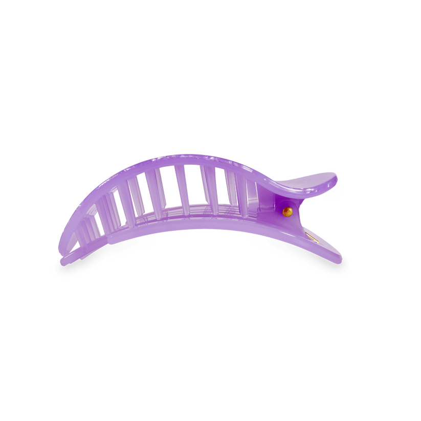 Light purple, curved, segmented TELETIES hair claw with golden hinge. Available in multiple sizes.