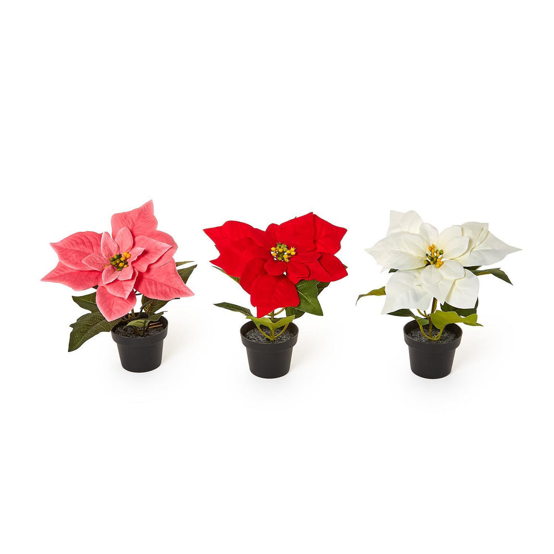Pink, red, and white Festive Flower Market Faux Poinsettia plants.